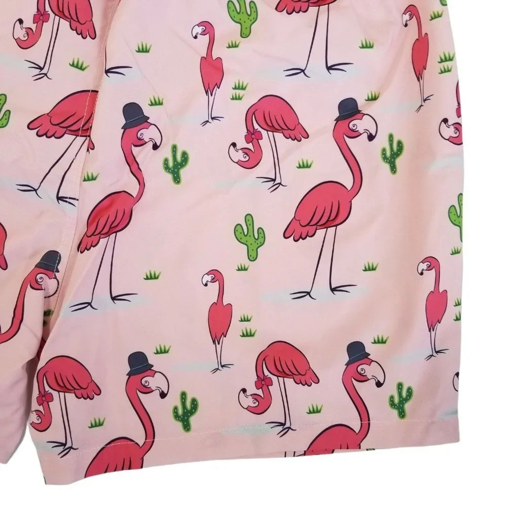 NEW SHEIN Men Flamingo Print Drawstring‎ Waist Swim Trunks SIze L Color Pink
